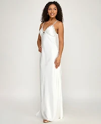 Seni & Cade Women's Rhinestone Trim Long V-Neck Slip Dress