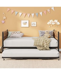 gaomon Daybed with Trundle, Metal Frame with Wavy Wood Grain Headboard and Lockable Casters