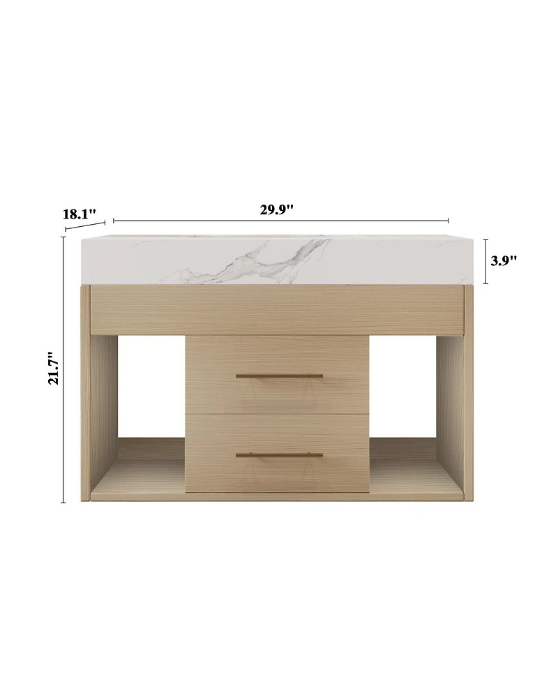 Sillysis 29.9" Floating Bathroom Vanity with Ceramic Sink, Sintered Stone Top, 2 Soft Close Drawers