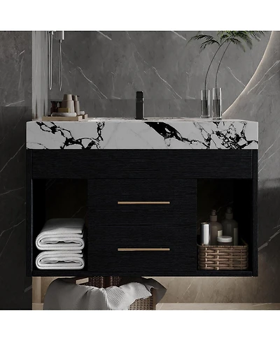 Sillysis 29.9" Floating Bathroom Vanity with Ceramic Sink, Sintered Stone Top, 2 Soft Close Drawers, Wall Mounted for Small Bathrooms