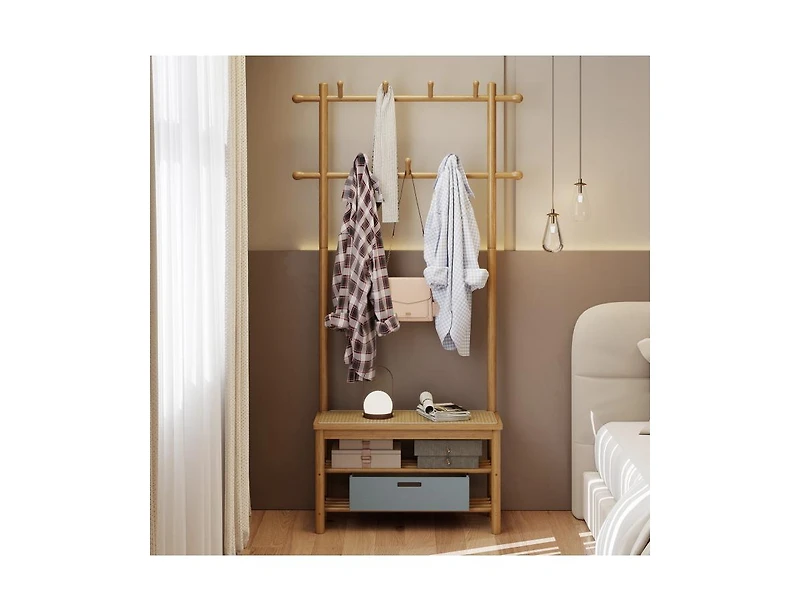 Slickblue Pe Rattan Hall Tree Coat Rack with Bench and Shoe Storage