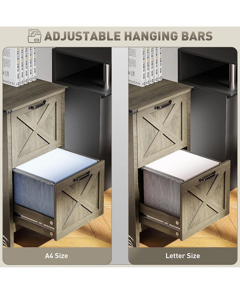 Rainsken 2 Drawer Vertical File Cabinet, Rustic Farmhouse Filing Cabinet with Barn Doors for A4/Letter Size, Printer Stand with Storage for Office