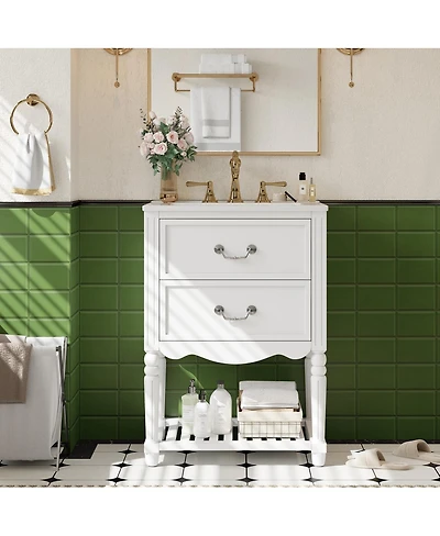 Sillysis 24 Inch Vintage Bathroom Vanity with Ceramic Sink, U-Shaped Drawers and Open Storage Shelf for Small Spaces