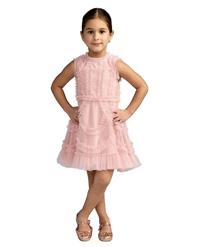 Girls High Neck Sleeveless Micro Ruffle Mini Dress