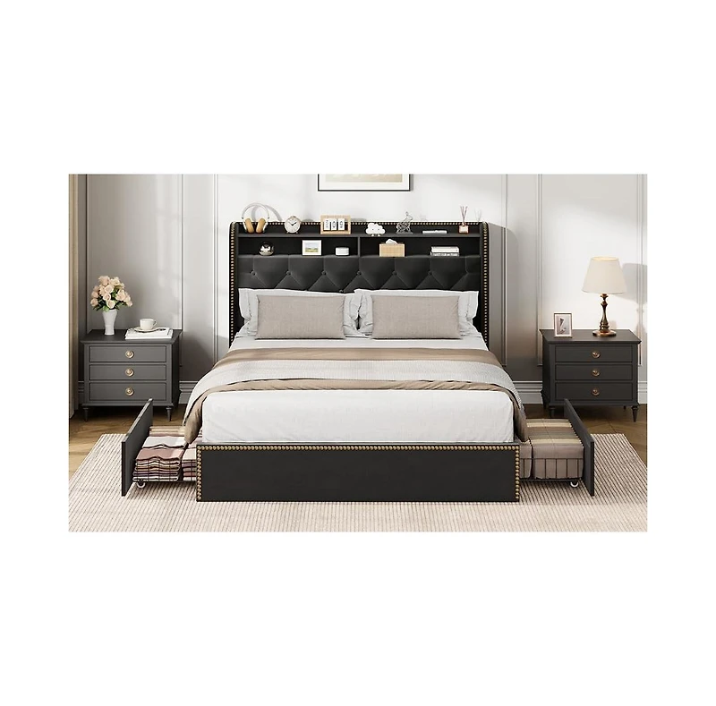 gaomon Queen Size Bed Frame with 4 Storage Drawers, Velvet Fabric Upholstered Platform Bed with Tufted Headboard, Wooden Slats, No Box Spring Required