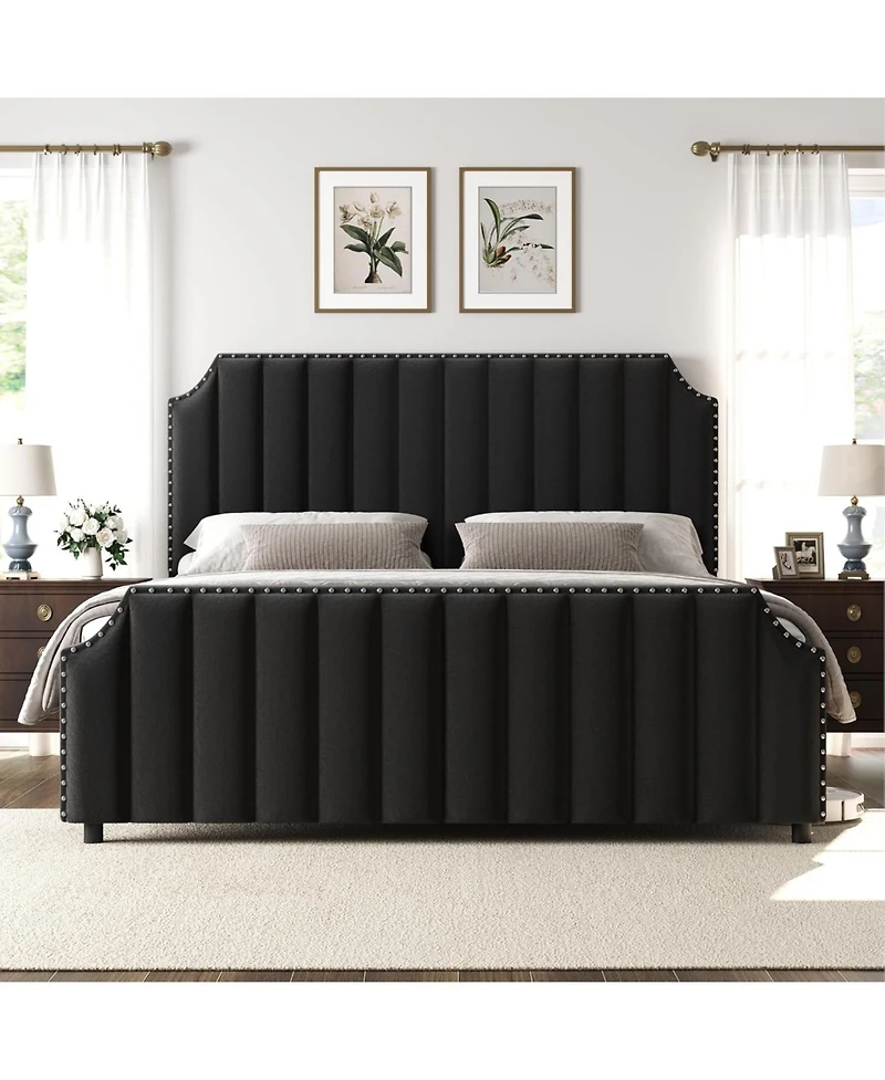 gaomon Platform Bed Frame with 50.2" Headboard, Velvet Upholstered Queen Vertical Channel Tufted Headboard & Footboard.