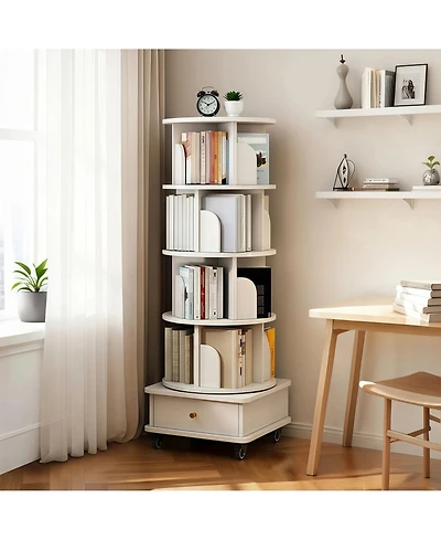 Rainsken Tier Rotating Bookshelf with Drawers On Wheel, 360° Display Spinning Corner Bookcase