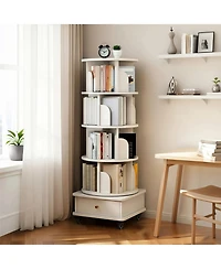 Rainsken Tier Rotating Bookshelf with Drawers On Wheel, 360° Display Spinning Corner Bookcase
