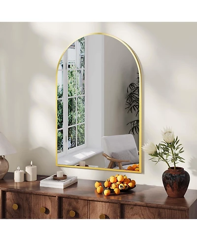 Homfan Arched Bathroom Mirror, Wall Mounted Vanity Metal Frame, Modern Wraparound Hanging Mirror Bathroom, Vanity, Living Room