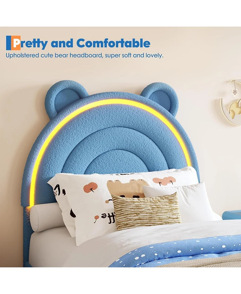 gaomon Velvet Upholstered Platform Bed Frame with Led Light, Storage Drawer, Cute Bear Headboard & Solid Wooden Slat Support