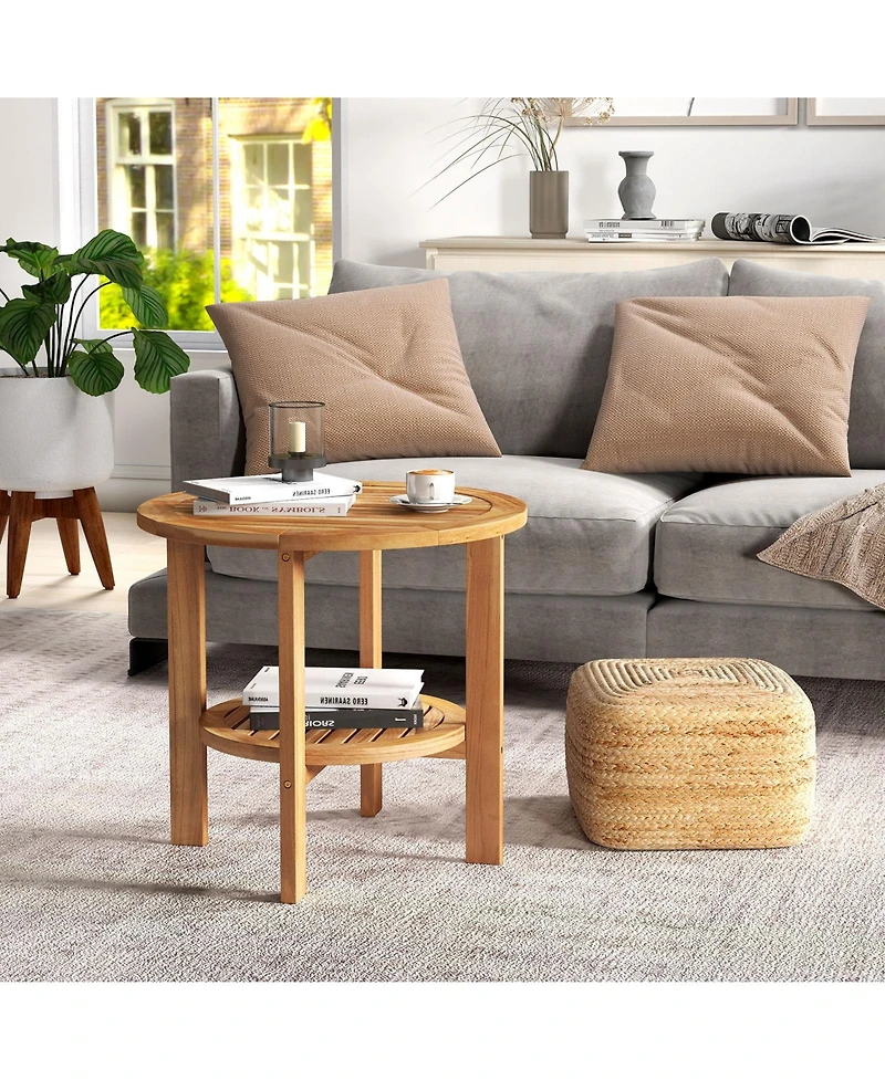 sumyeg Outdoor Teak Wood Round Side Table with Slatted Shelf