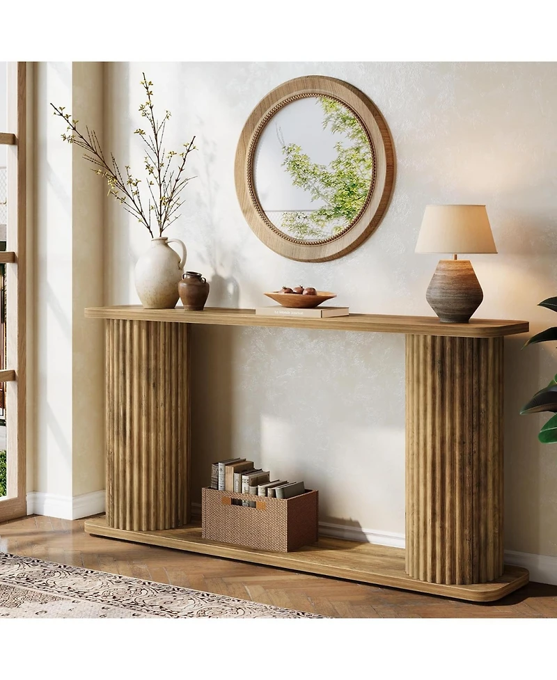 Tribesigns 63" Long Console Table, Mid Century Modern Behind Couch Sofa Table with Shelves