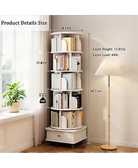 Rainsken 6 Tier Rotating Bookshelf with Drawers On Wheel, 360° Display Spinning Corner Bookcase, Wooden Storage Rack for Study Room, Office