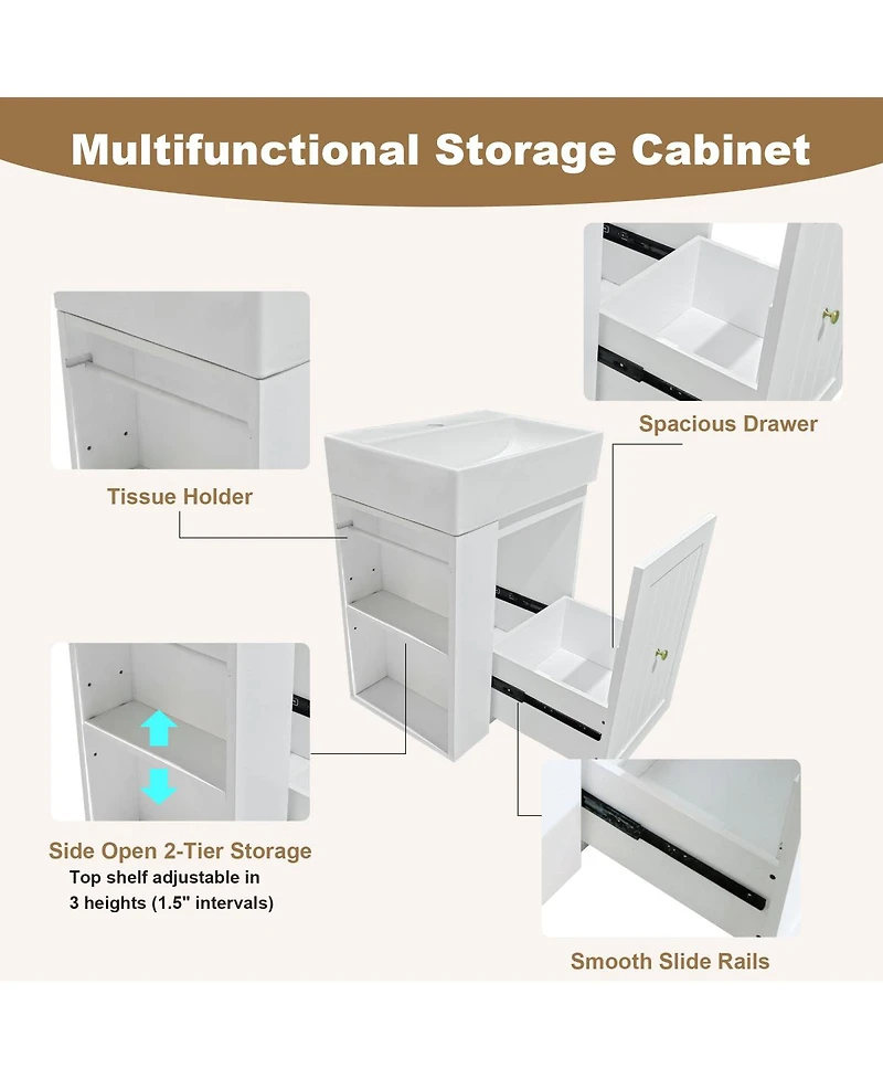 Sillysis 20" Bathroom Vanity with Ceramic Sink, Wall Mounted Storage Cabinet Drawer & Side Shelf for Small Bathrooms