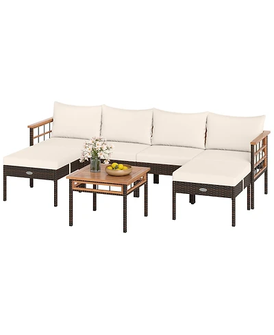 Gymax Set of 7 Wicker Furniture Set w/Ottomans Side Table Acacia Wood Tabletop Armrests