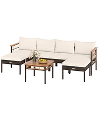 Gymax Set of 7 Wicker Furniture Set w/Ottomans Side Table Acacia Wood Tabletop Armrests