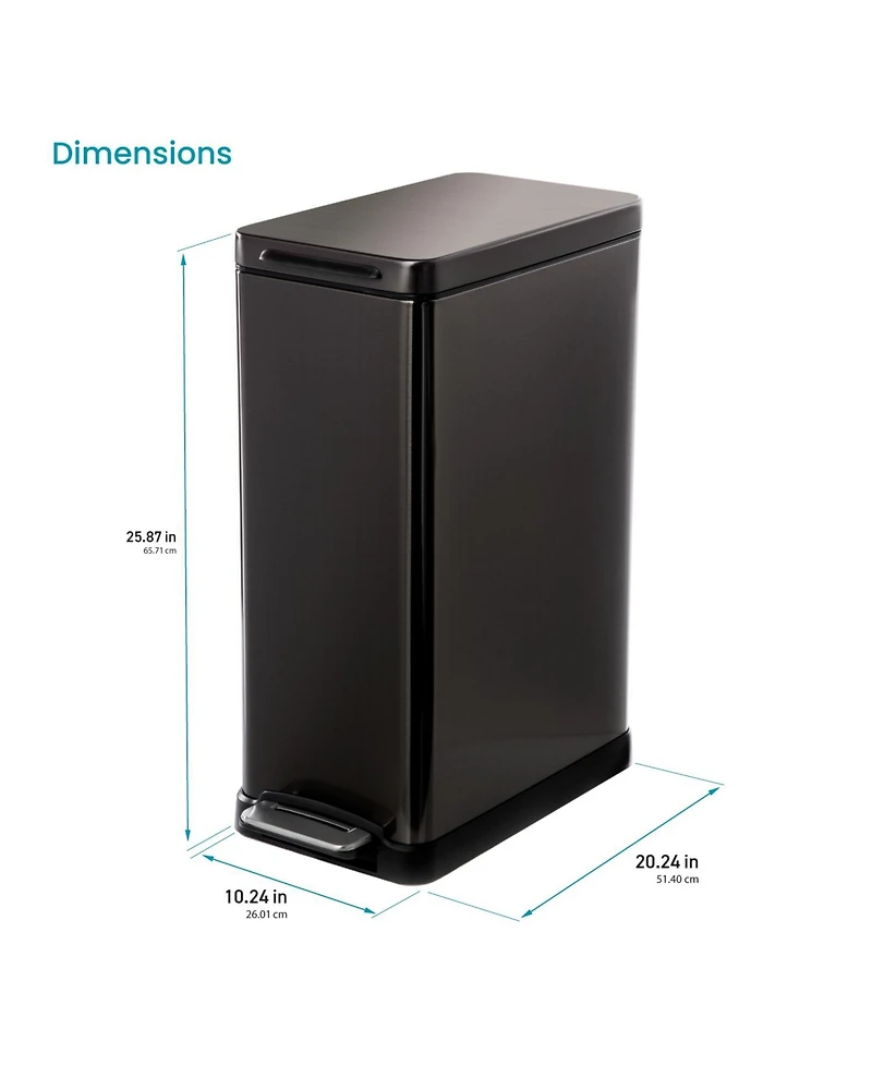 Home Zone Living 12 Gallon Slim Stainless Steel Kitchen Trash Can with Step Pedal and Soft Close Lid