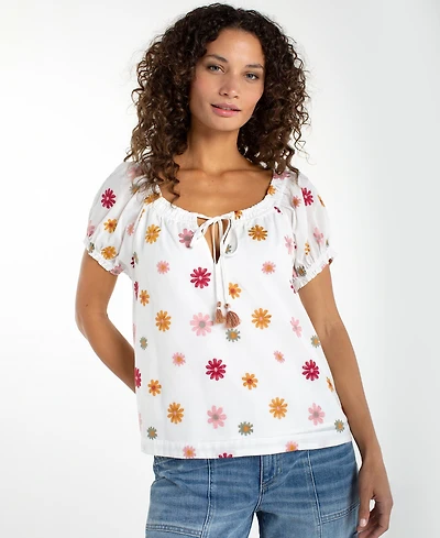 Liverpool Los Angeles Petite Short-Sleeve Tie Neck Top