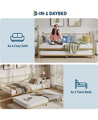 gaomon Twin Metal Daybed Frame with Trundle Heavy Duty Slats Platform Sofa Bed Lockable Casters for Living Room Bedroom Guest