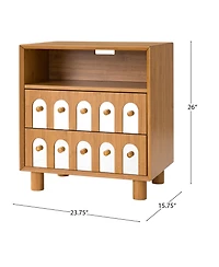 Rainsken Nightstand with 2 Drawers, Solid Wood Bedside Table with Charging Station, Curve Mirror Design, End Table for Bedroom