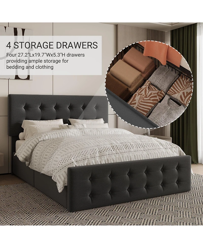 gaomonl Bed Frame 4 Storage Drawers Linen Upholstered Headboard Wooden Slats No Box Spring Button Tufted