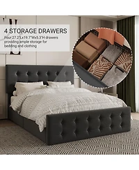 gaomonl Bed Frame 4 Storage Drawers Linen Upholstered Headboard Wooden Slats No Box Spring Button Tufted