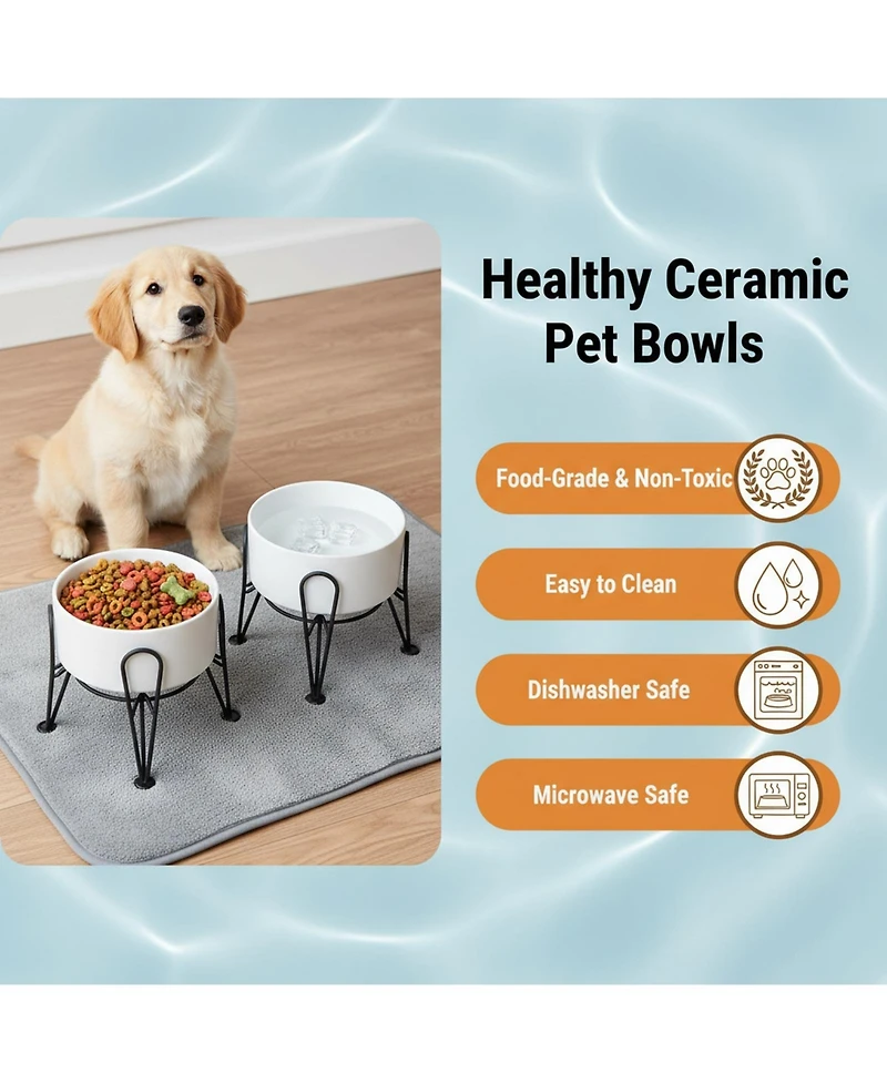 Aronkl Elevated Dog Ceramic Bowl Set 2 Pack with Anti-slip Non-tip Metal Stand for Dogs Food Water Feeding