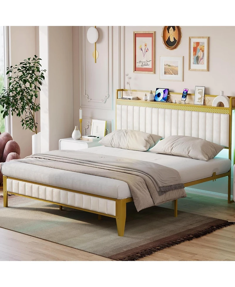gaomon King Size Bed Frame with Led Lights and Charge Station, Upholstered Platform Bed with Storage Headboard, Heavy Duty Metal Slats, Easy Assembly