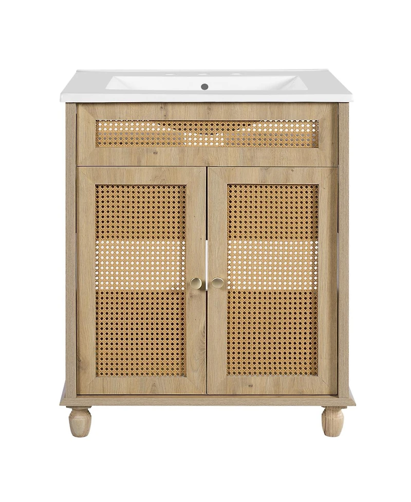 Sillysis Natural Bathroom Vanity with Resin Sink, Freestanding Cabinet with Rattan Doors & Soft Close for Modern Storage
