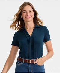 Lands' End Women's Short Sleeve Lightweight Jersey Pintuck Open Collar Polo