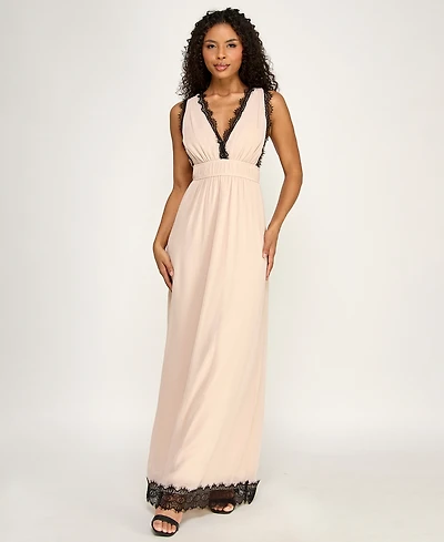 Seni & Cade Women's Sleeveless V-Neck Deep Plunge Lace Trim Dress