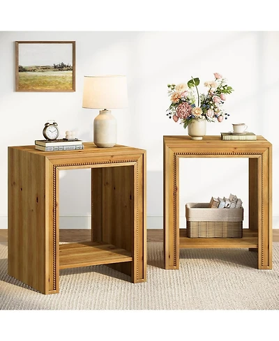 Tribesigns Solid Wood End Table, 2-Tier Farmhouse Side Table with Storage Shelves(2 Pcs)