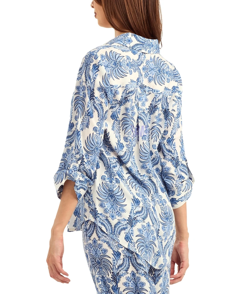 Bcx Women's Printed Button-Up Tie-Hem Top