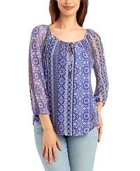 Bcx Women's Print Mesh Scoop Neck Peasant Top