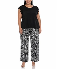 White Mark Plus Ruffle-Sleeve Top Printed Pant Set