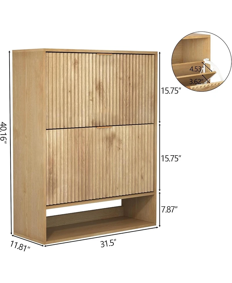 gaomon 31.5''W Slim Fluted Shoe Cabinet for Entryway Freestanding Narrow Shoe Storage with 2 Flip Drawers Open Bottom Shelf and Side Hooks for Foyer