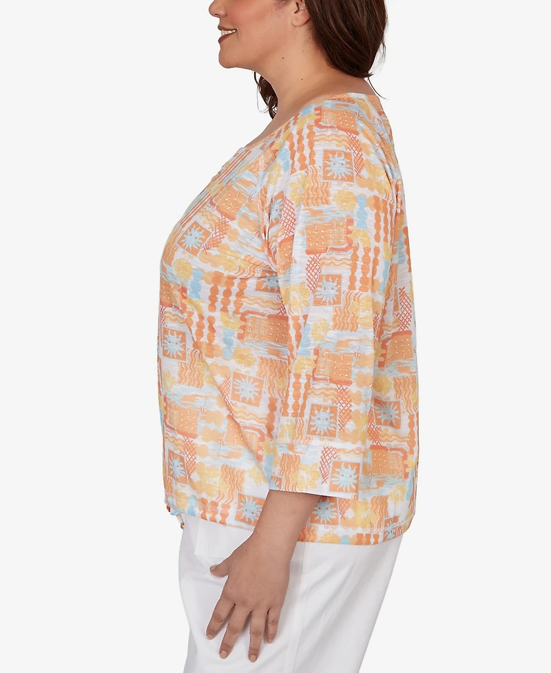 Hearts Of Palm Plus Printed Slub Blouson Top with Three-Quarter-Sleeves