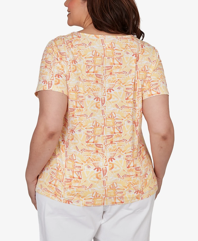 Hearts Of Palm Plus Printed Stretch Jersey Short-Sleeve Bead Neck Top