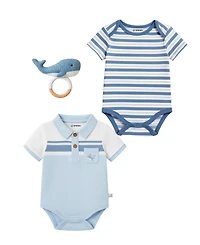 Sperry Baby Boys' Short-Sleeve Bodysuits with Crochet Whale Rattle, 2-Pack