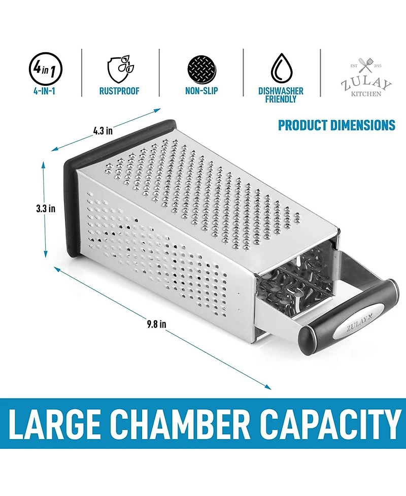 4-Sided Cheese Grater - Stainless Steel Grater With Easy Grip Handle & Anti-Skid Base (Large)