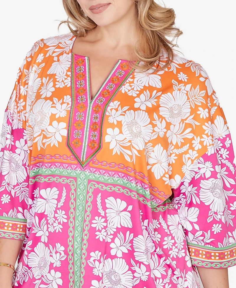 Ruby Rd. Plus Embroidered Placket Patchwork Knit Top