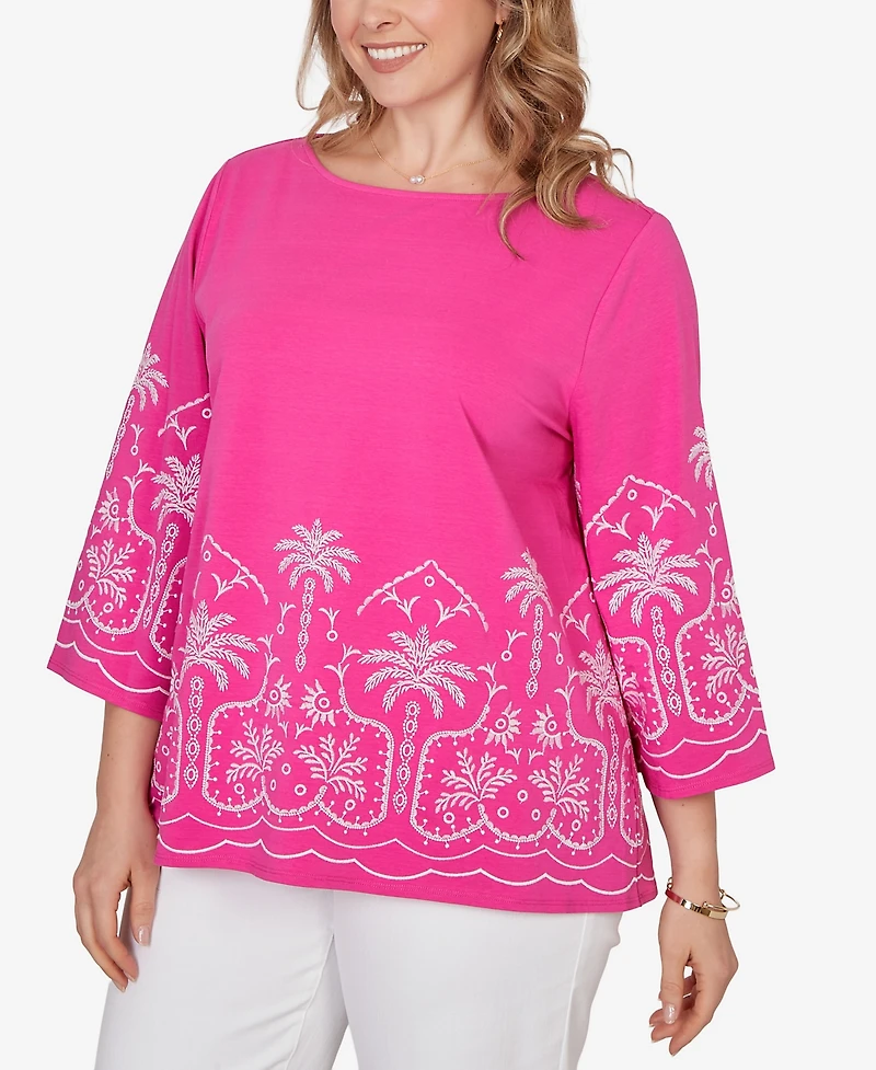 Ruby Rd. Plus Palm Tree Embroidered Knit Top