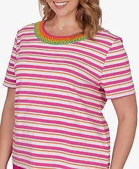 Ruby Rd. Plus Crochet Neck Stripe Knit Top