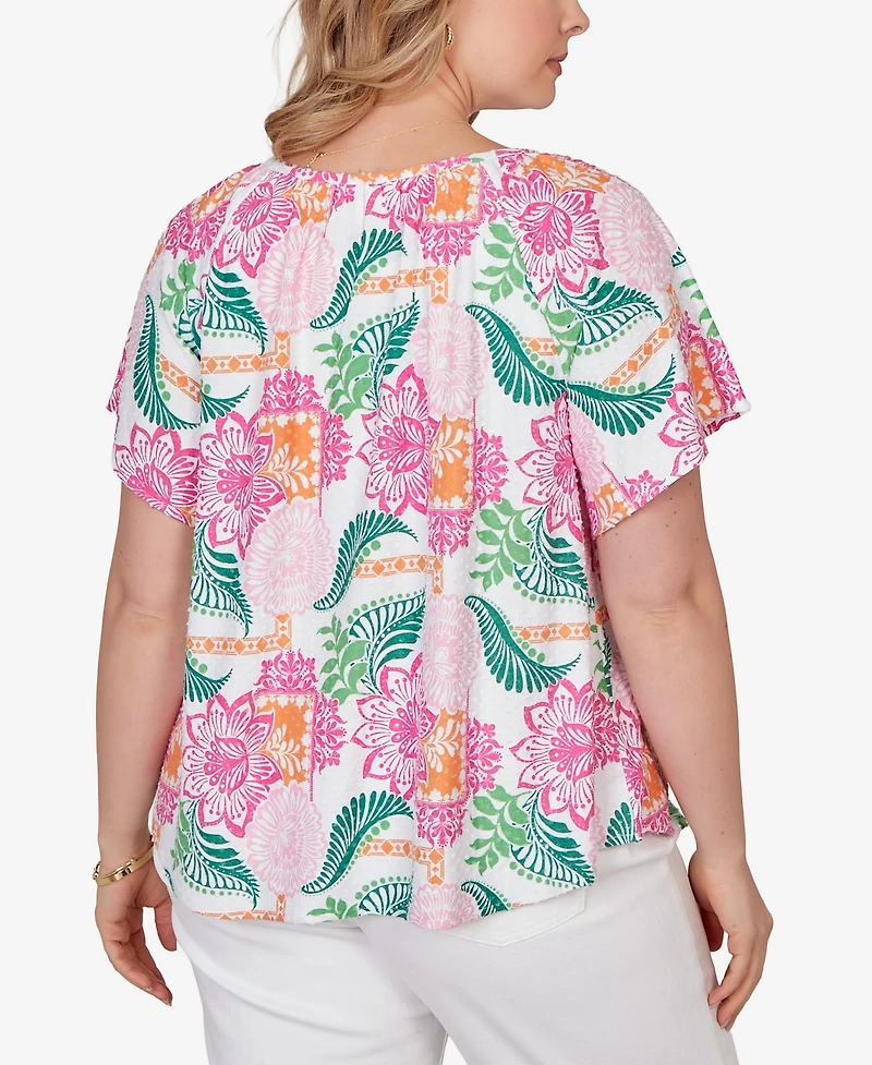Ruby Rd. Plus Tropical Floral Eyelet Flutter Sleeve Top