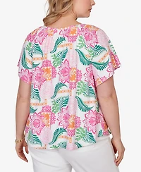 Ruby Rd. Plus Tropical Floral Eyelet Flutter Sleeve Top