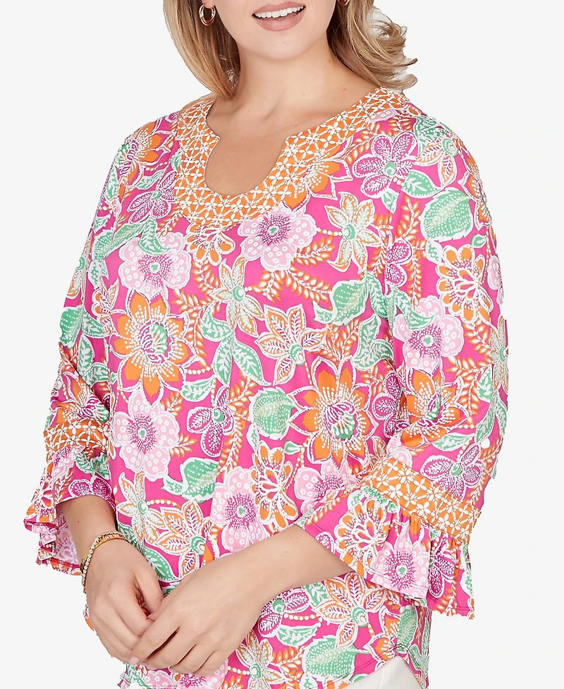 Ruby Rd. Plus Floral Puff Print Ruffle Sleeve Knit Top