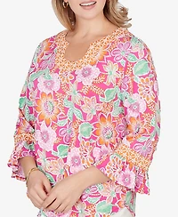 Ruby Rd. Plus Floral Puff Print Ruffle Sleeve Knit Top