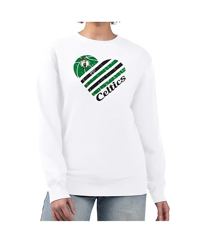 G-iii 4Her By Carl Banks Women's White Boston Celtics Heart Graphic Fleece Pullover Sweatshirt