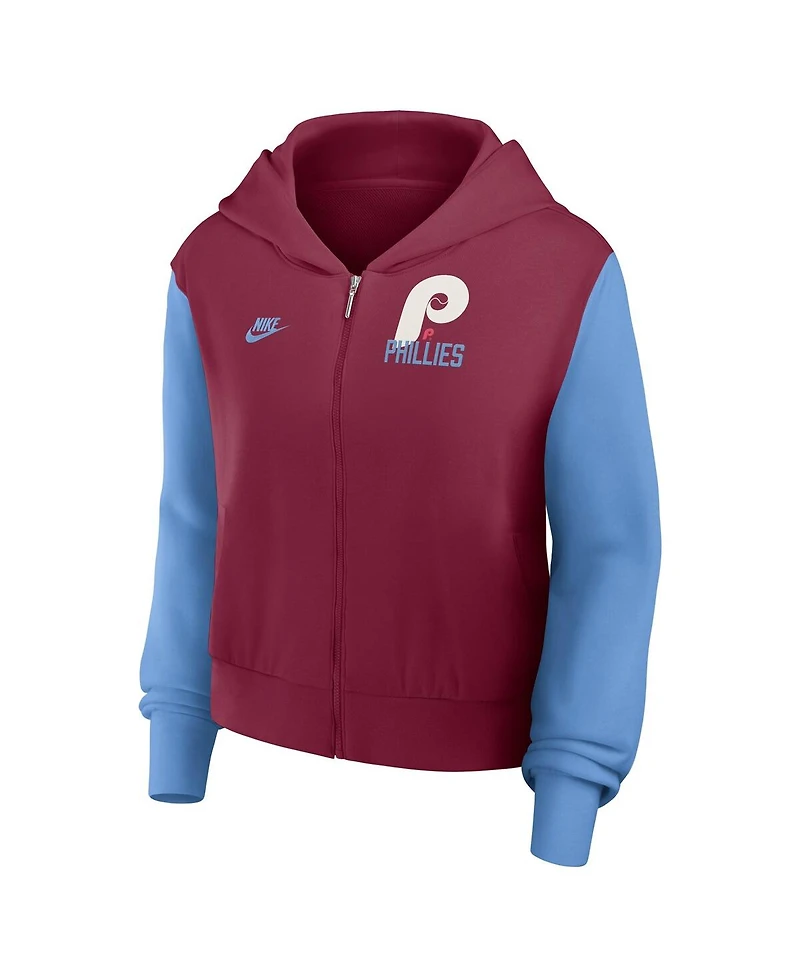 Nike Women's Burgundy/Light Blue Philadelphia Phillies Cooperstown Collection Cropped Full-Zip Hoodie