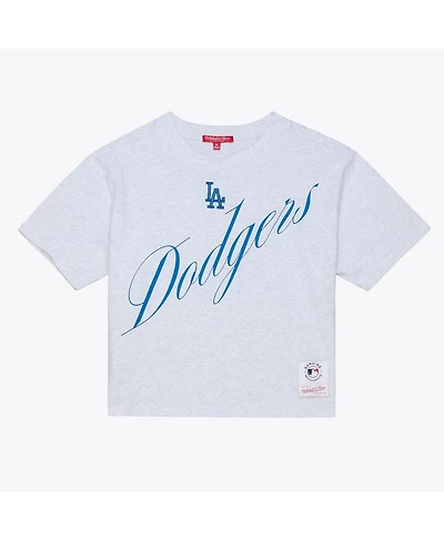 Mitchell & Ness Women's Heather Gray Los Angeles Dodgers Script Cropped Boxy T-Shirt